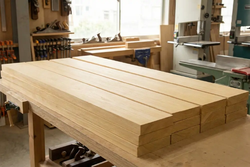 Stacks of raw mindi wood planks ready for processing at an Indonesian furniture factory