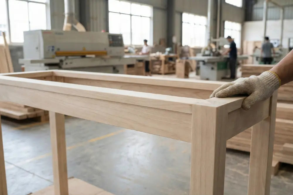inspector checking sanded joinery on an unfinished Indonesian furniture frame