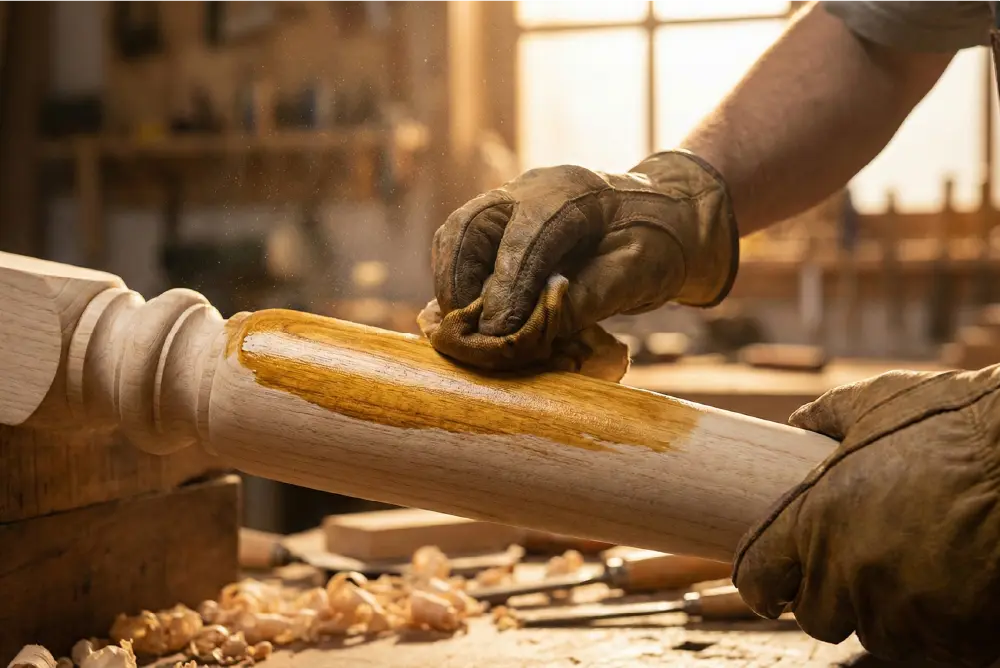 Worker applying finishes onto sungkai wood table's leg