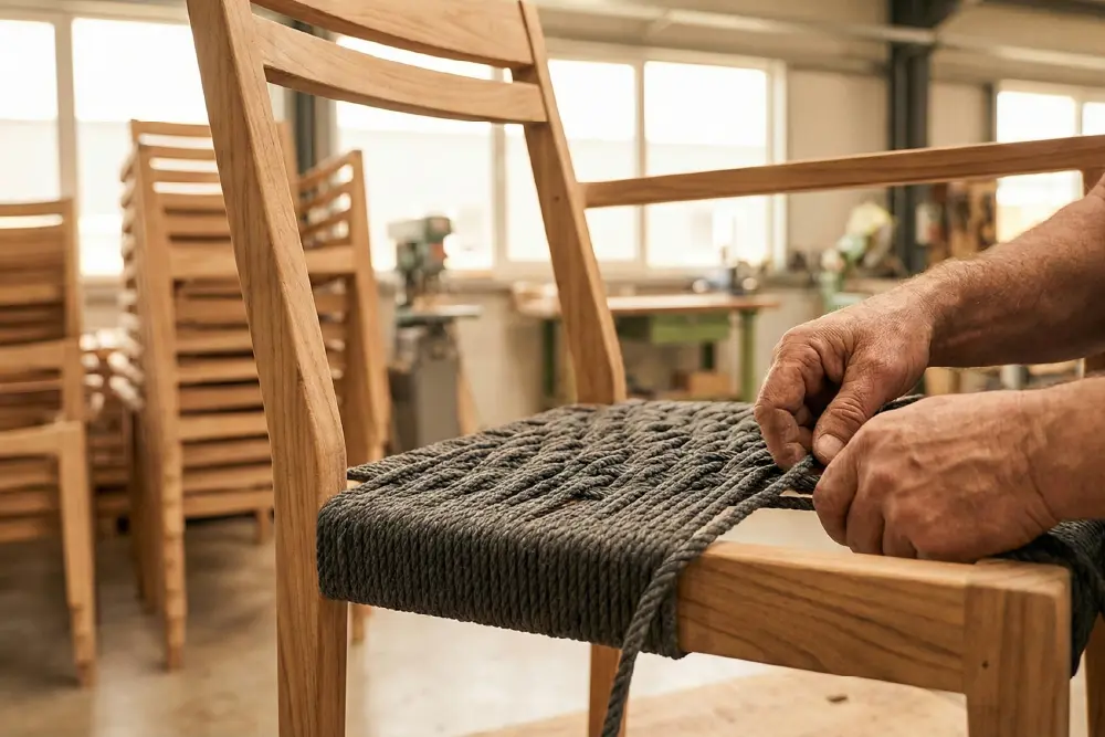 Indonesian furniture manufacturer worker doing weaving