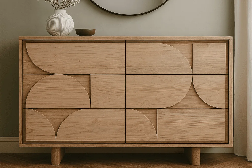 Modern geometric dresser showcasing versatile finishes of mindi wood for apartments and compact living spaces.