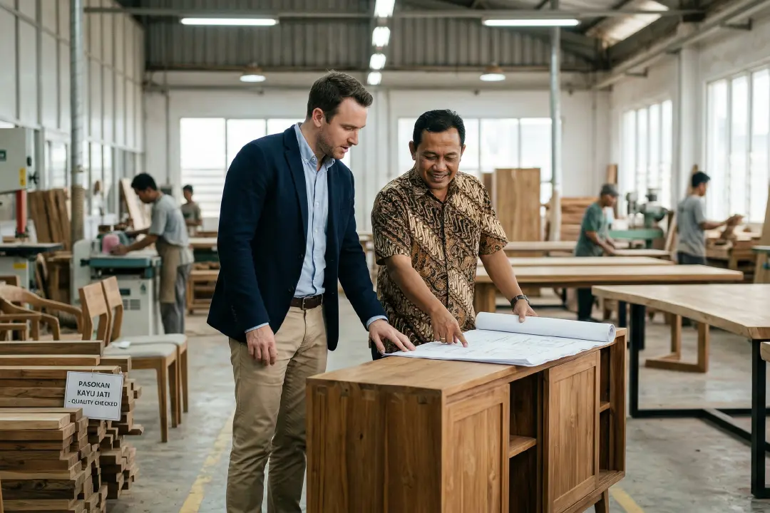 Foreign buyer discussing about the design of his outdoor furniture with indonesian outdoor furniture manufacturer