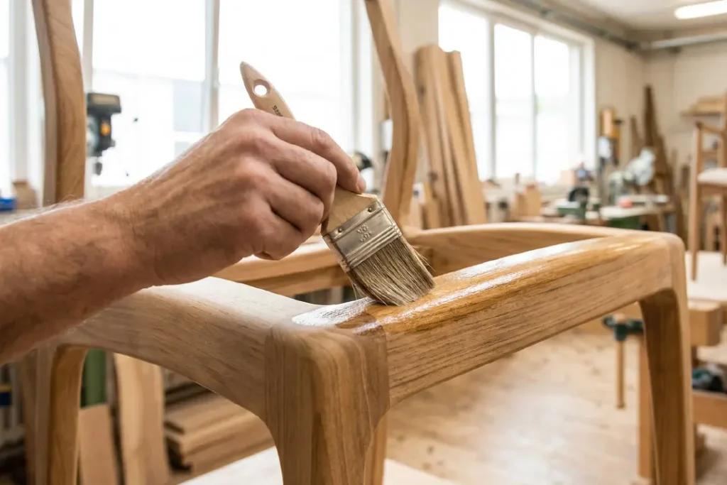 Indonesian worker applying teak oil onto furniture