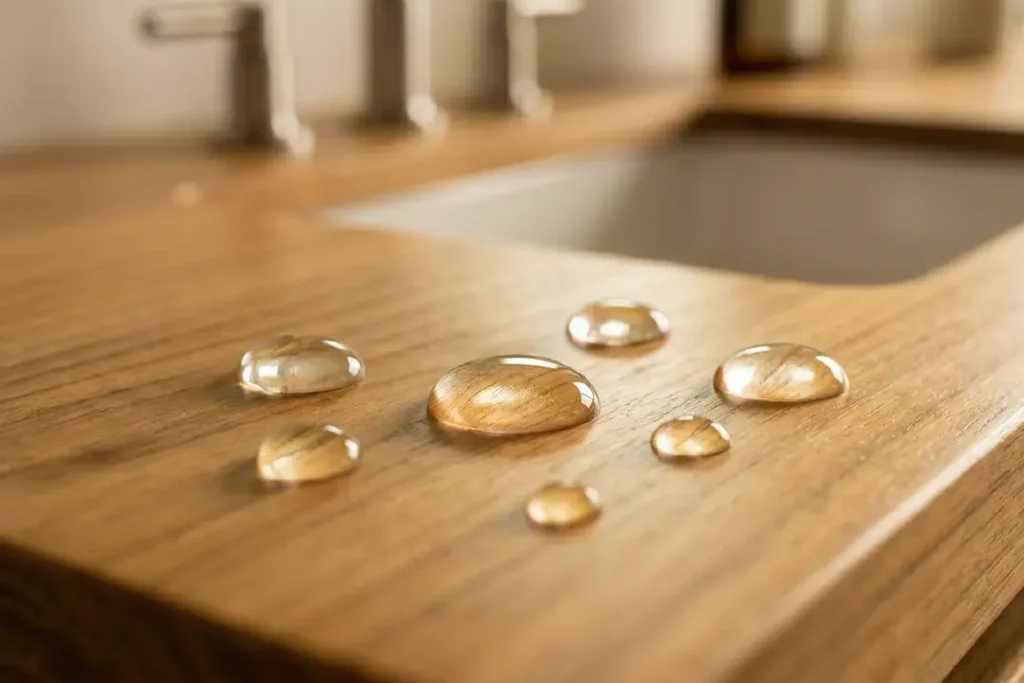 Water repelant property of teak wood on bathroom vanity