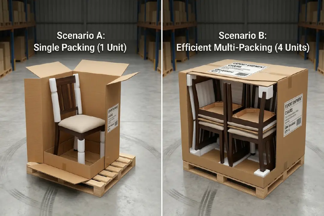 Side-by-side comparison showing single packing versus multi-packing furniture