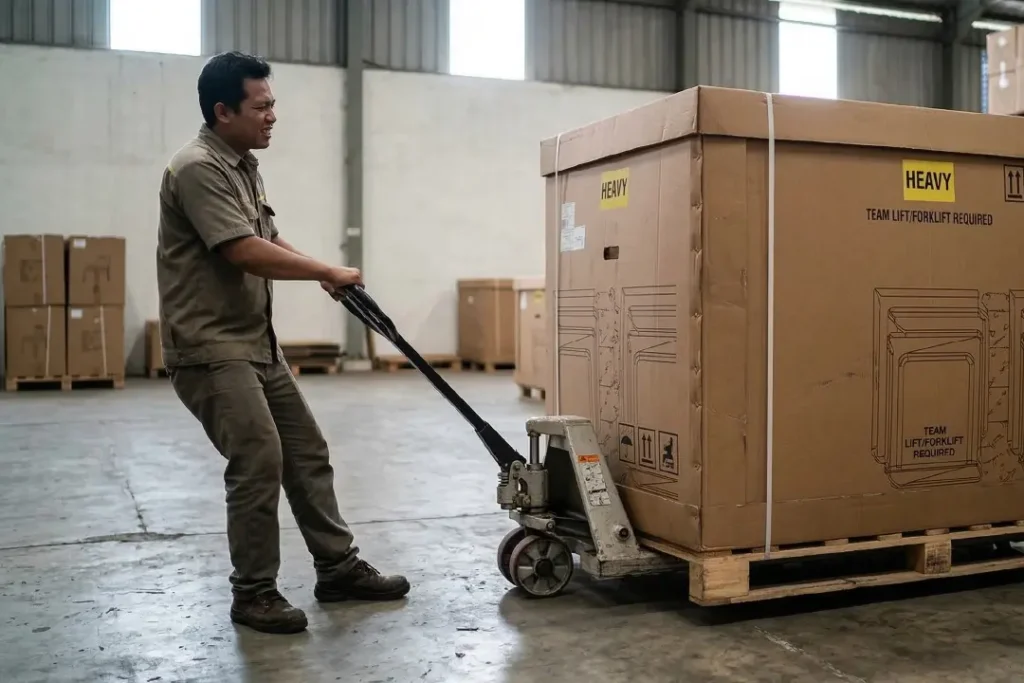 Warehouse workers using a forklift to safely handle a heavy master carton of multi-packing furniture