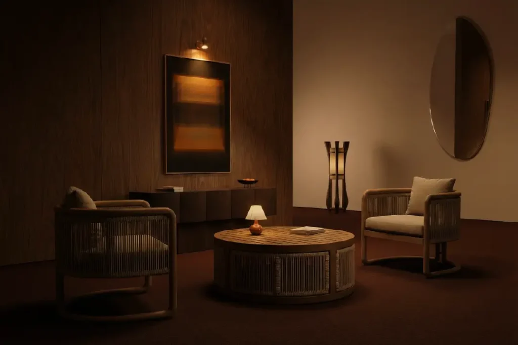 Gitto chair and Ciro coffee table with woaven outdoor rope accent