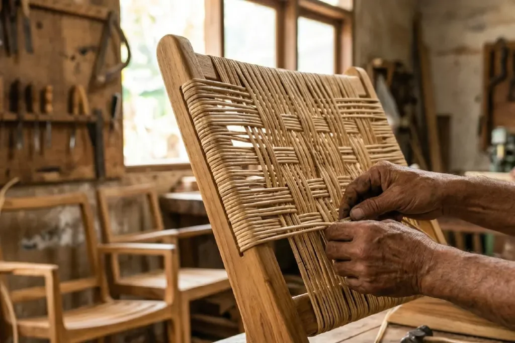 weaving process on indonesian furniture