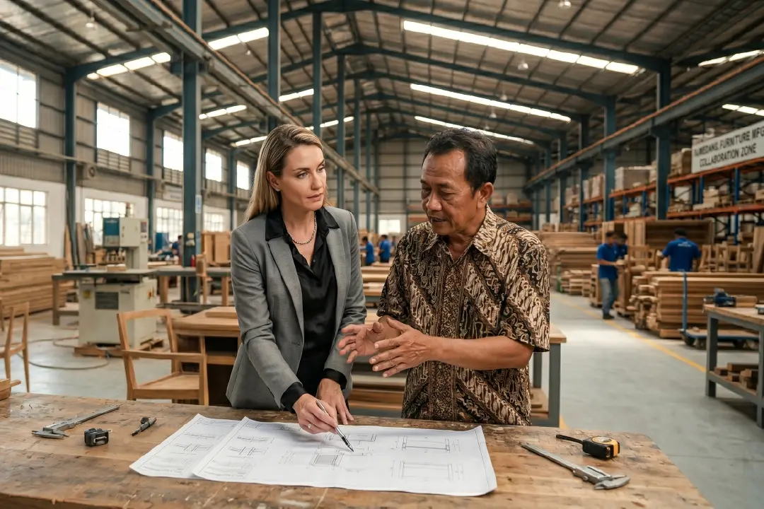 Buyer discussing about furniture with outdoor furniture manufacturer