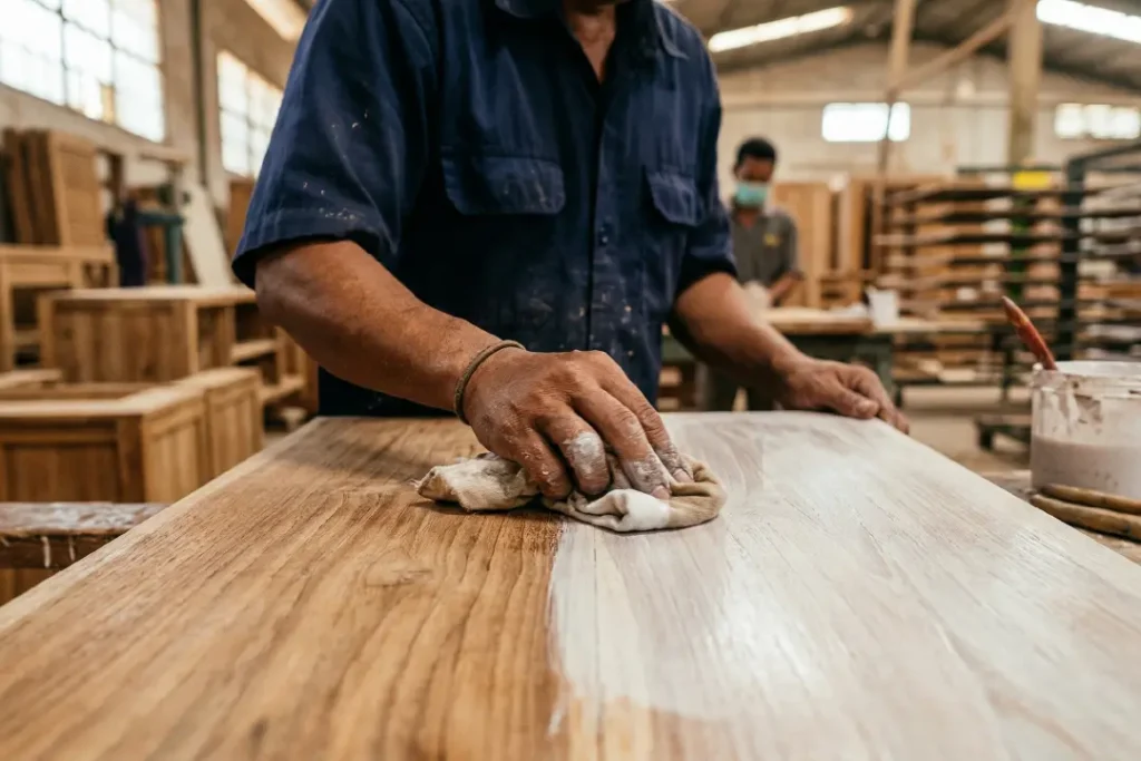 Indonesian worker applying white wash finish onto the furniture