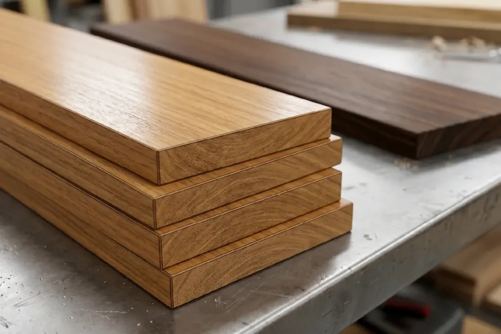 A close-up technical comparison of teak wood materials emphasizing consistency.