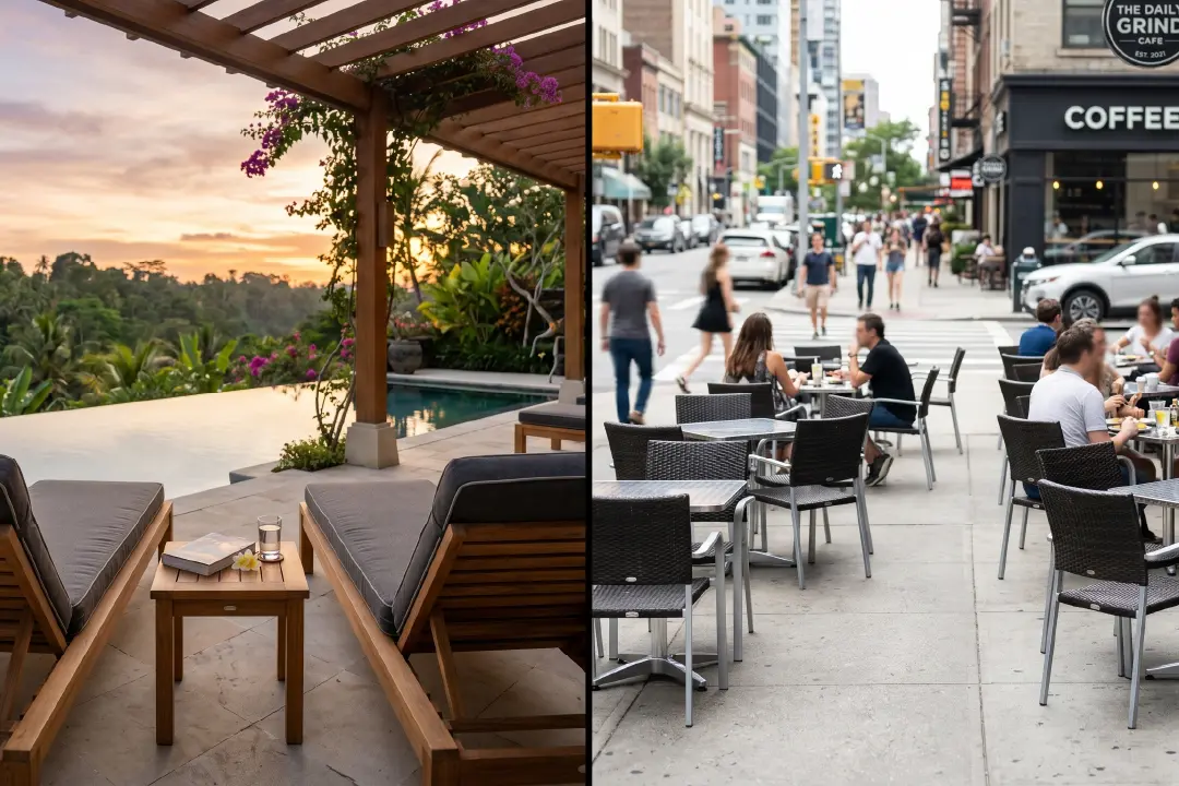 Split visual of two distinct use of outdoor furniture