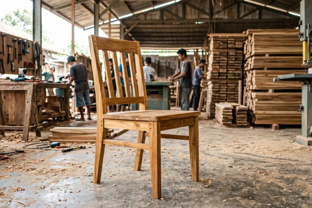 Teak chair being placed in indonesian furniture manufacturer