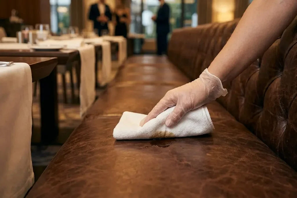 Spilled drink on a leather sofa that immediately get wiped