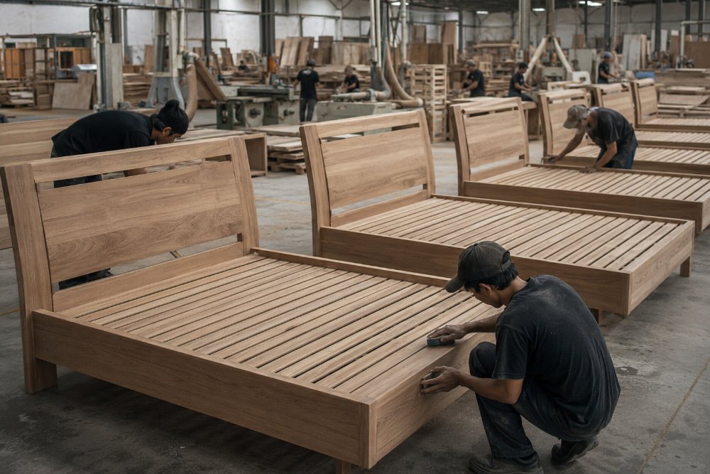 Batch production of custom wooden bed frames in an Indonesian furniture factory