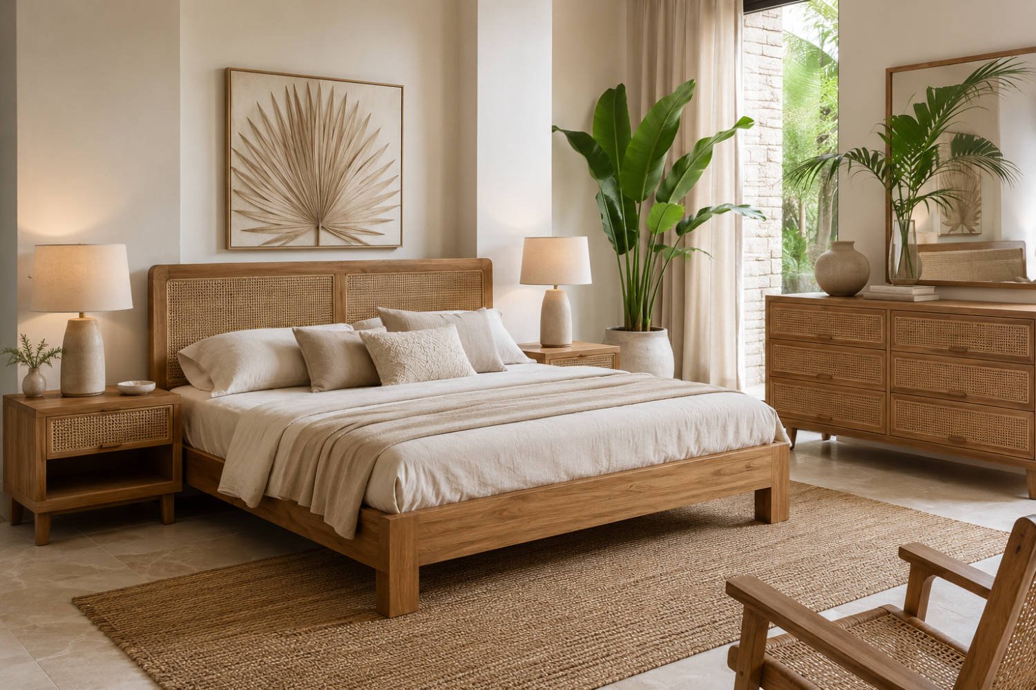 Custom Indonesian bedroom furniture collection with wooden bed frame, rattan headboard, bedside tables, and dresser
