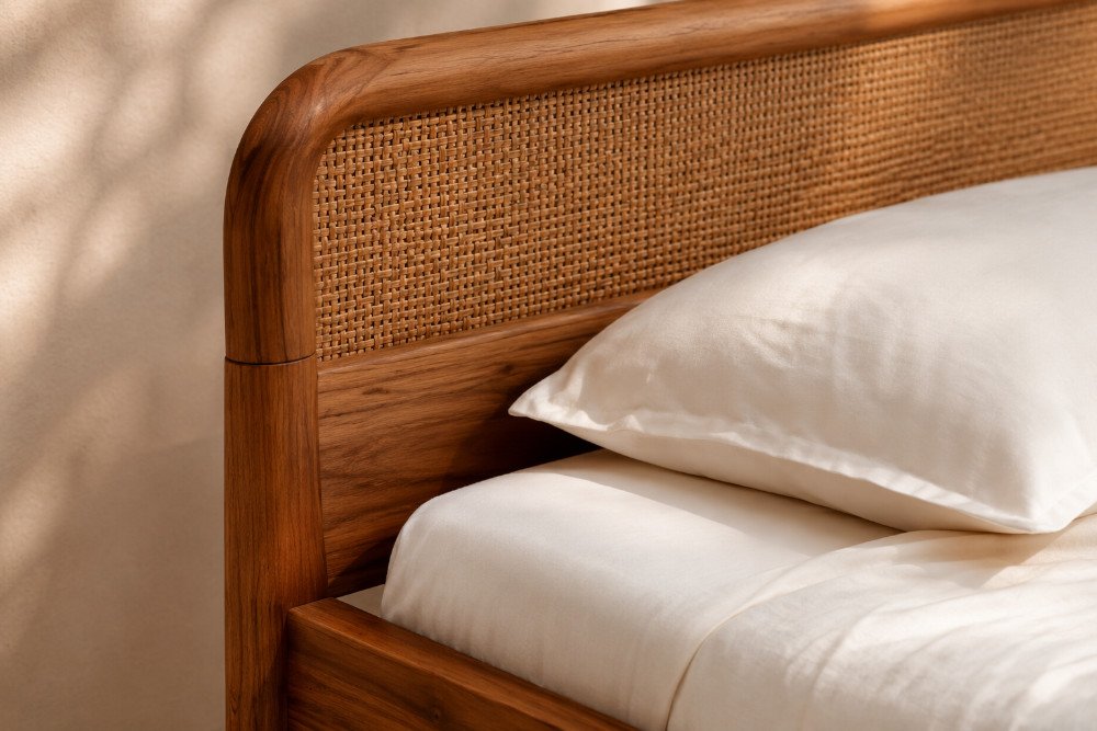 Custom Indonesian bedroom furniture with curved rattan headboard and solid wood frame detail