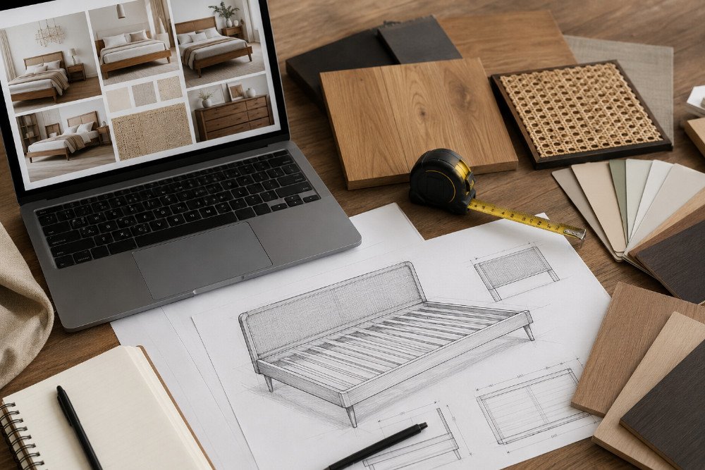 Custom bedroom furniture brief with sketches, measurements, wood samples, rattan, and finish swatches