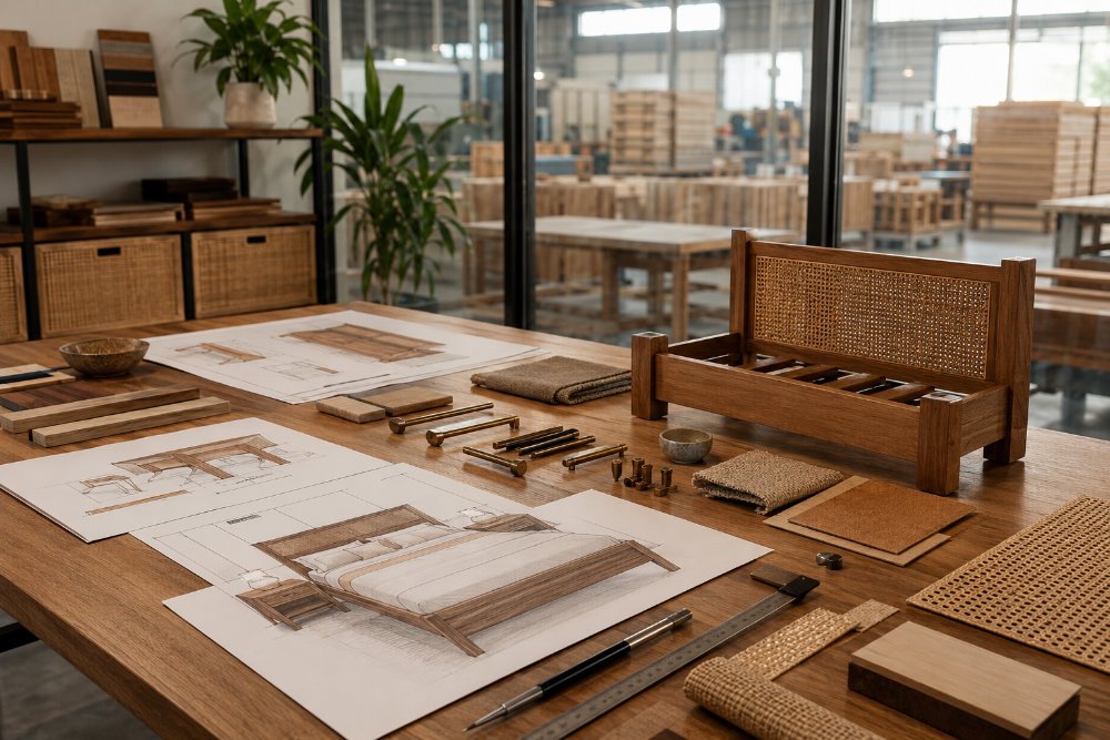 Custom bedroom furniture product development table with wood samples, rattan, hardware, sketches, and bed component