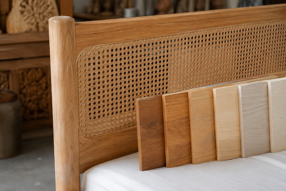Custom wooden bed headboard with woven rattan insert and wood finish samples