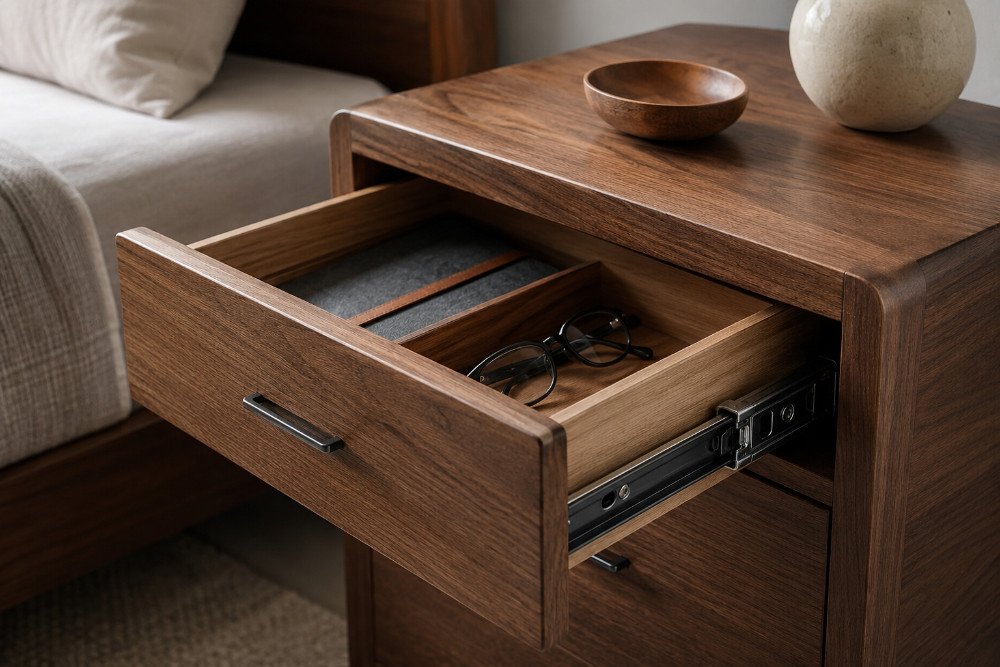 Custom wooden bedside table with open drawer, hardware, and storage detail