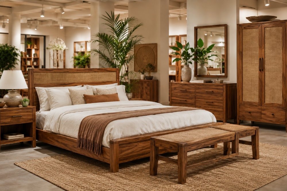 Exclusive bedroom furniture collection displayed in a retail showroom with matching wood finish and rattan details