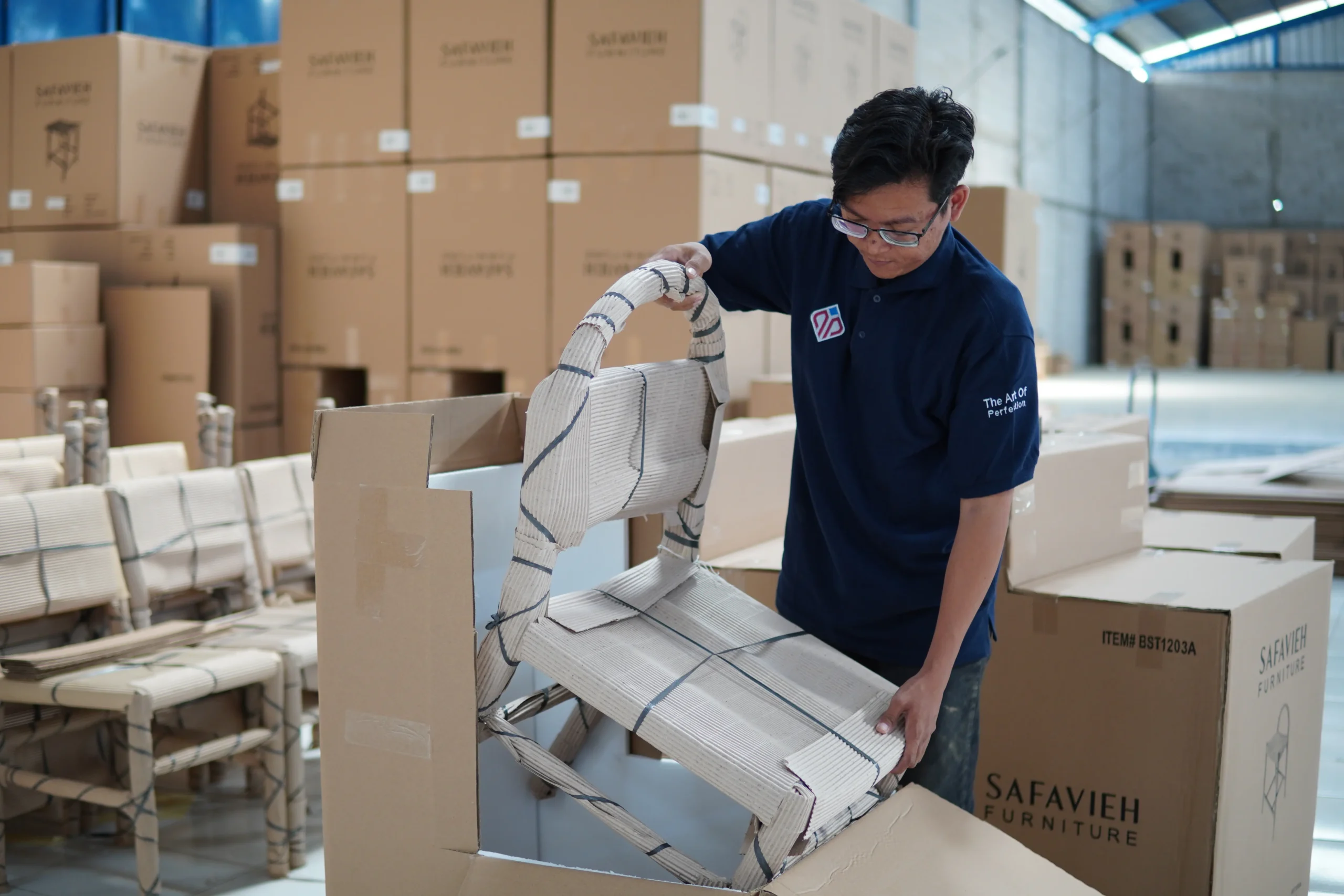Finished outdoor furniture protected with export packaging before shipping