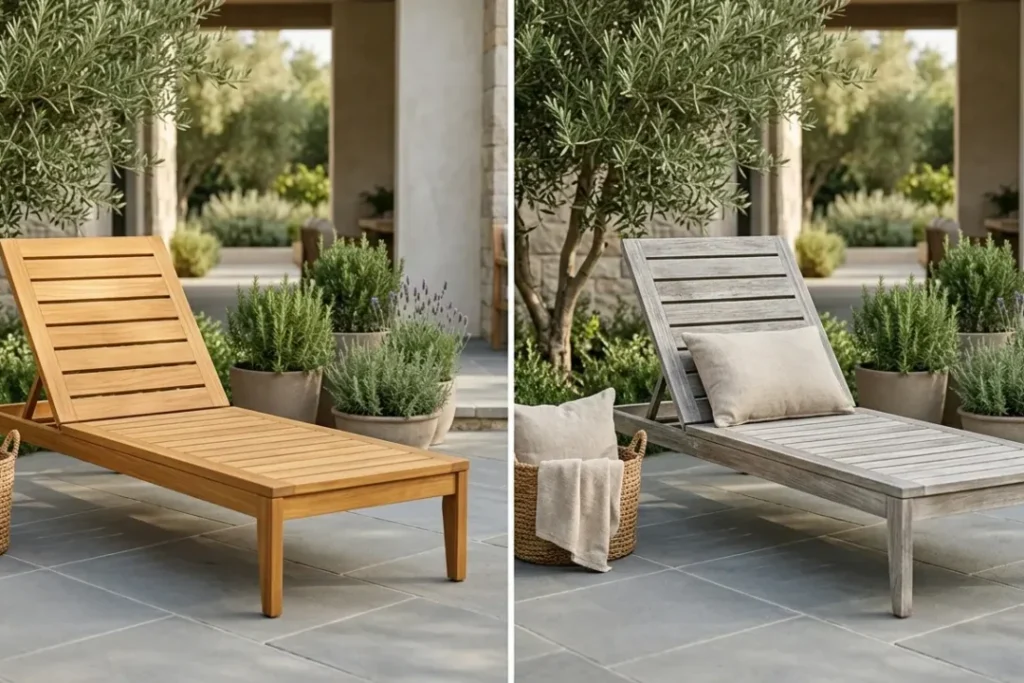 Diffent type of teak lounger , one with natural and one with patina look