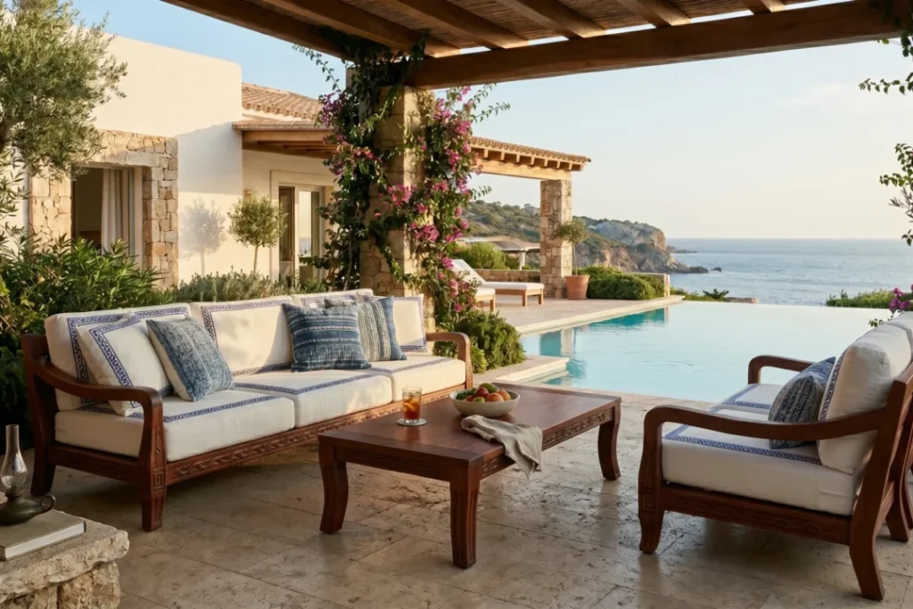Patio outdoor furniture set in pool coastal setting