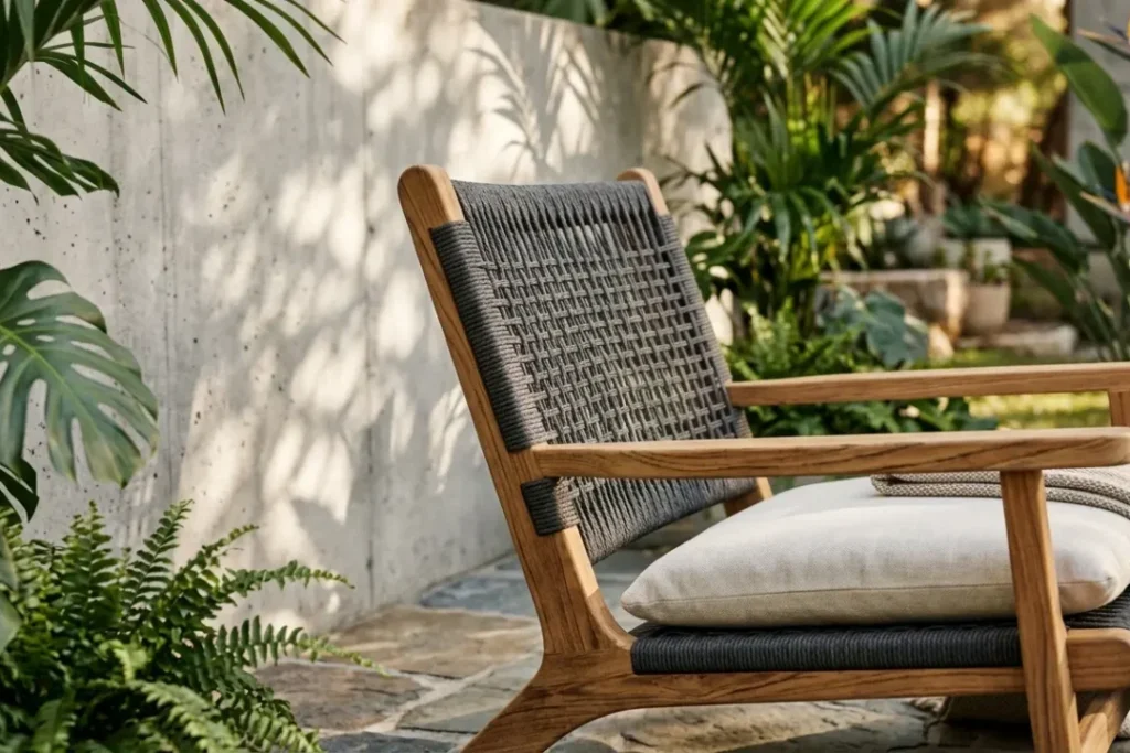 outdoor dining chair with cushion and rope for weaving