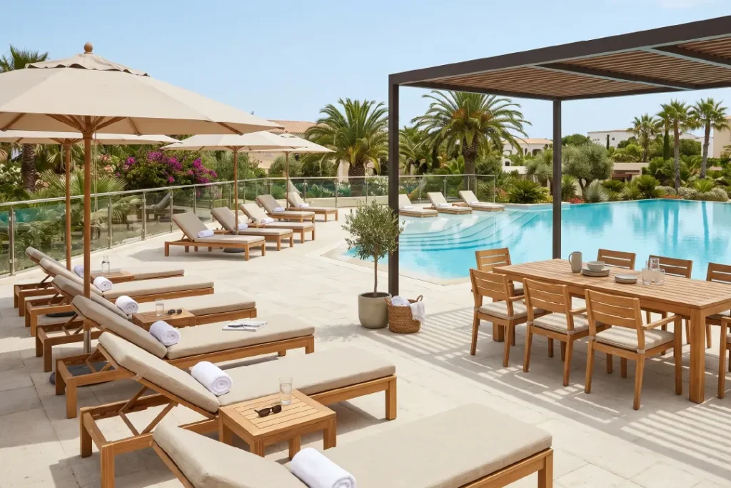 Pool area that has an lounger area and dining set