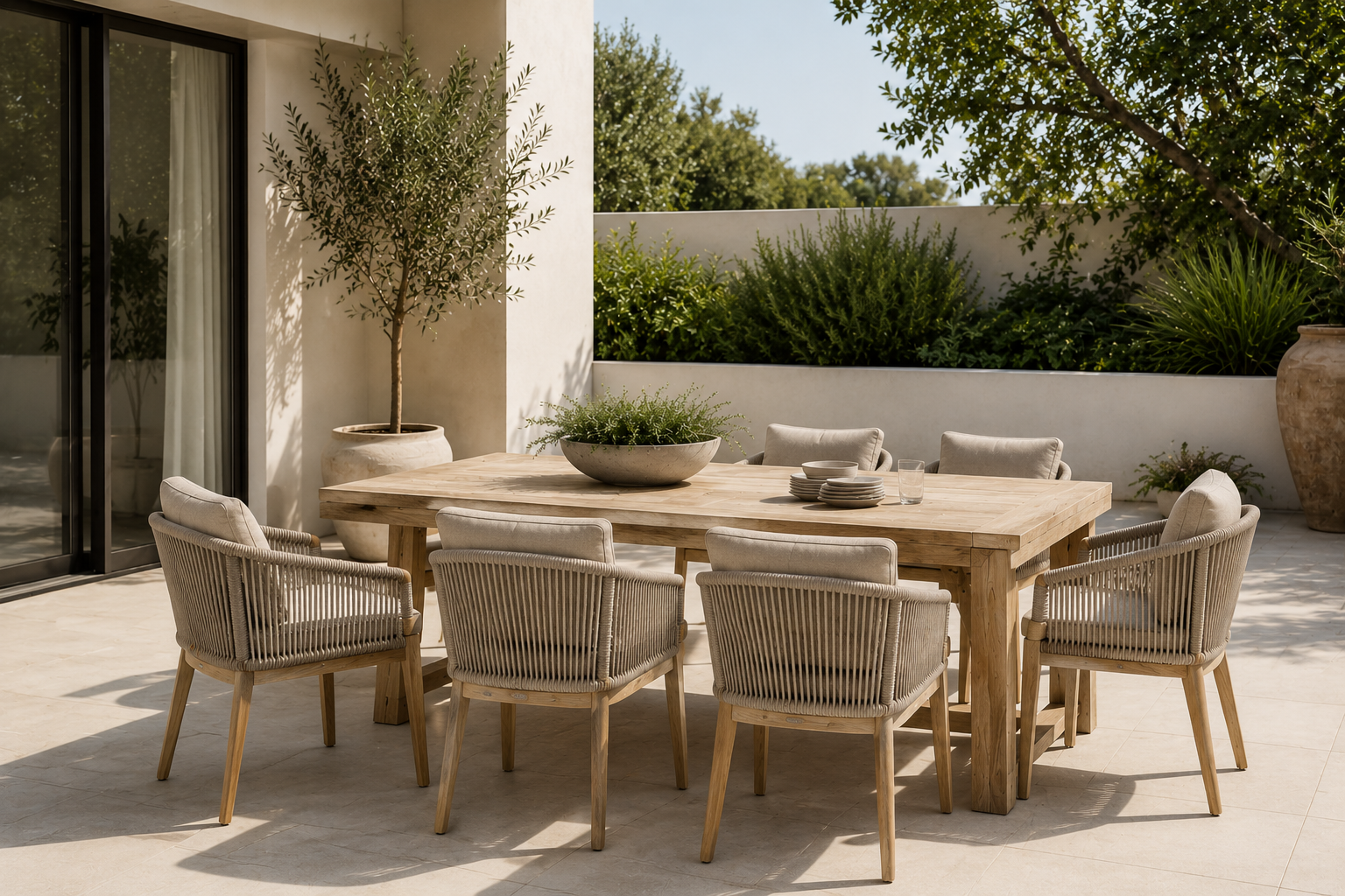 Minimalist outdoor dining furniture with rope chairs