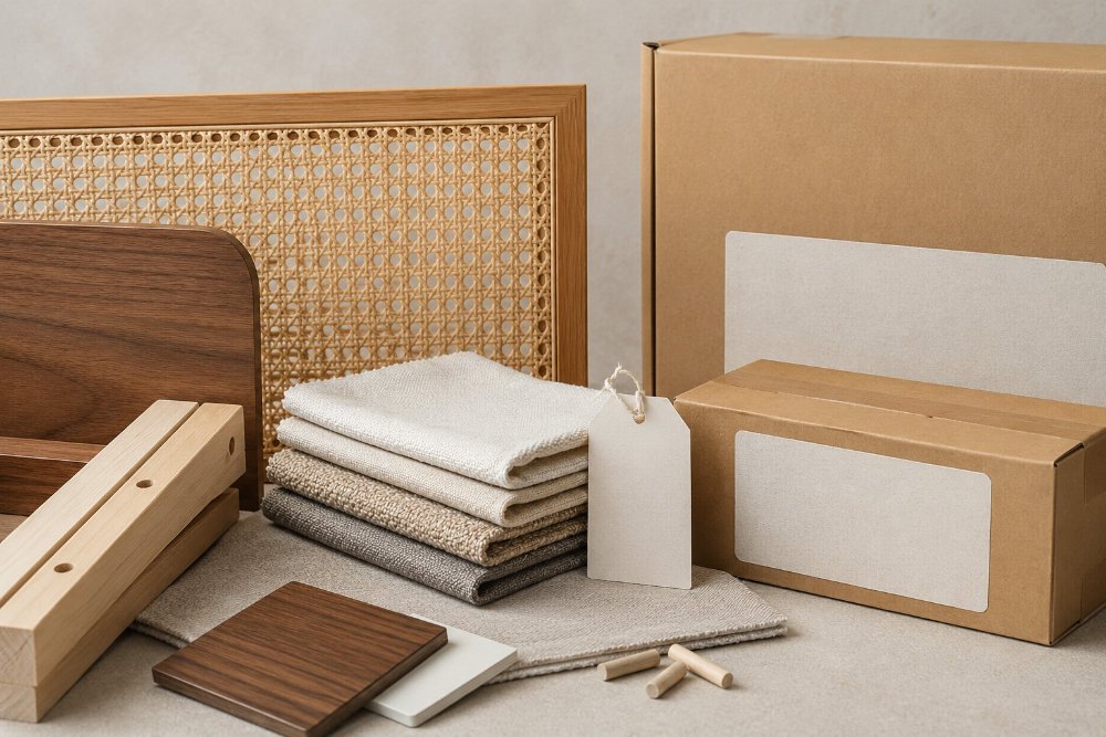 Rattan panel, upholstery samples, and private label packaging for custom bedroom furniture