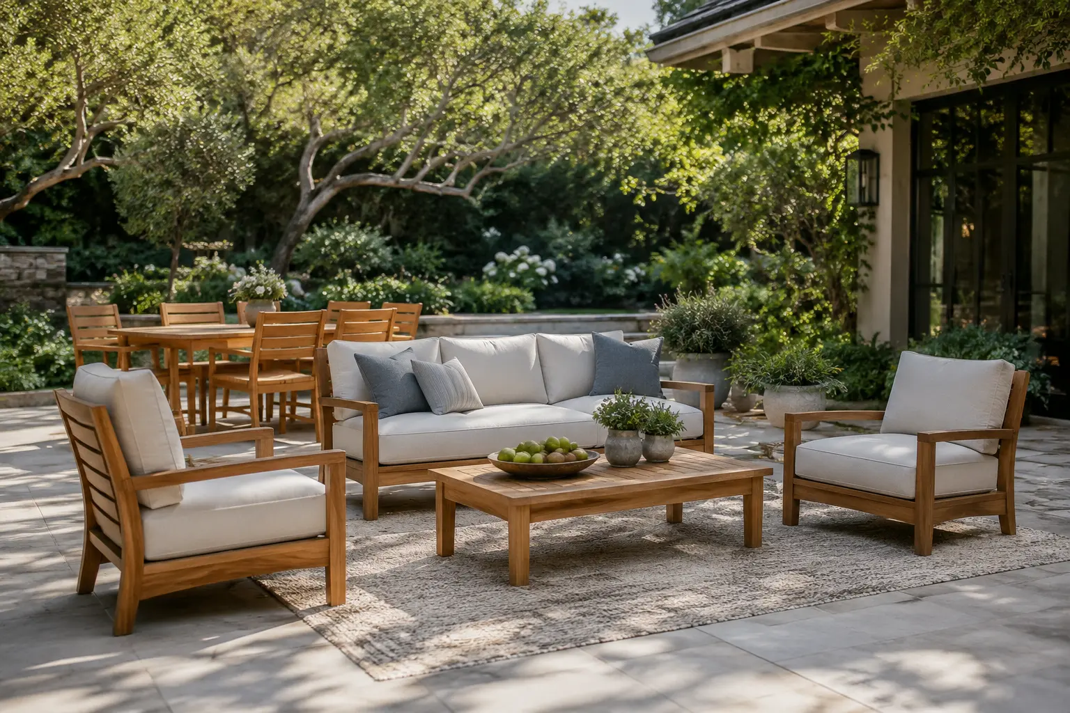 teak outdoor garden furniture in outdoor patio setting