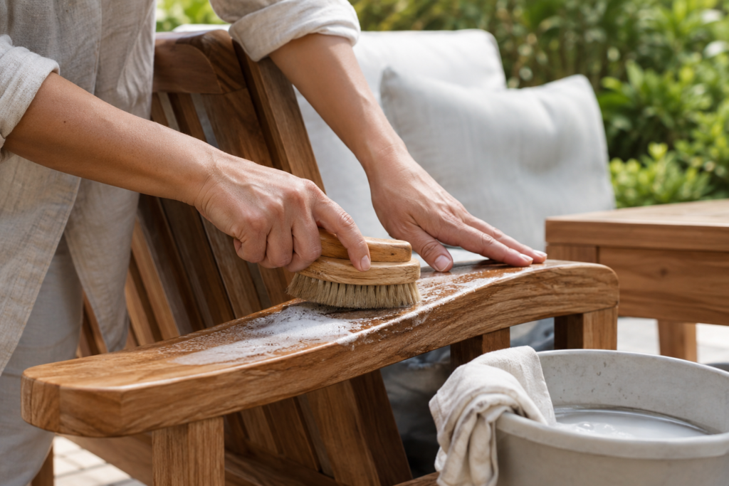 cleaning teak outdoor garden furniture with soft brush and mild soap