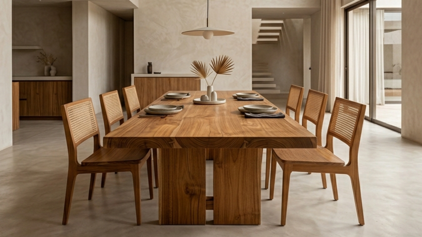 Solid teak dining table with woven rattan chairs (indoor)