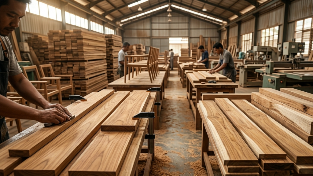 indonesian teak furniture manufacture The process of making teak furniture, from cutting the wood to assembling the furniture.