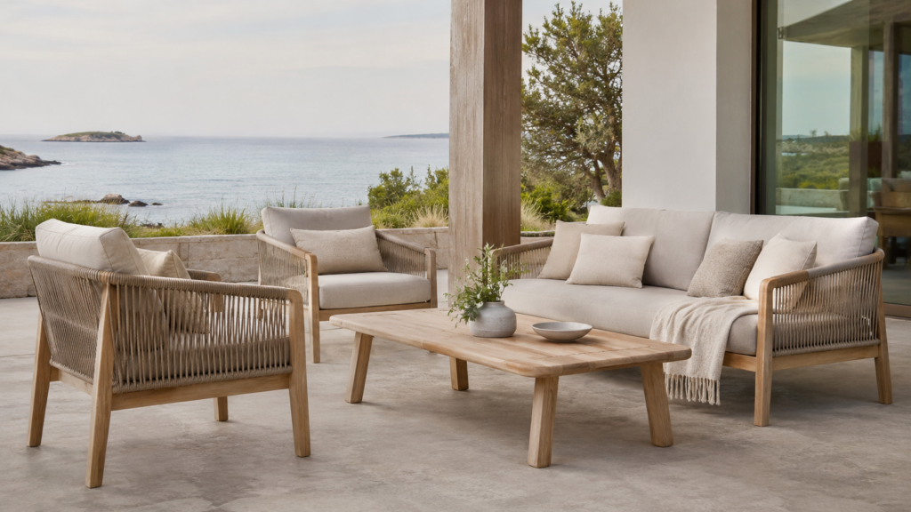 Light neutral teak finish for modern outdoor furniture