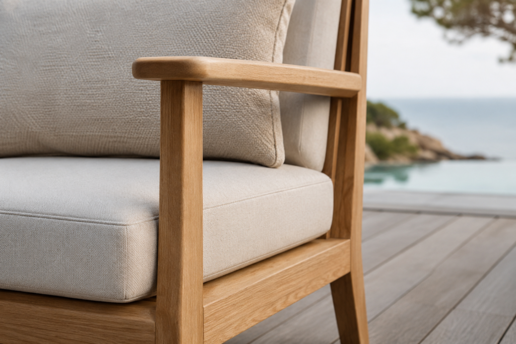 Minimalist outdoor furniture detail showing clean lines, balanced proportions, neat cushion fit, and natural wood finish