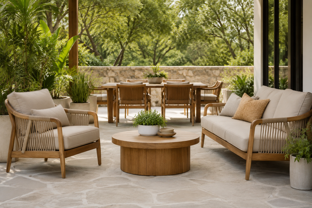 Indonesian Furniture Manufacturers: Clean minimalist outdoor patio with neutral cushions, natural wood furniture, rope details, and greenery