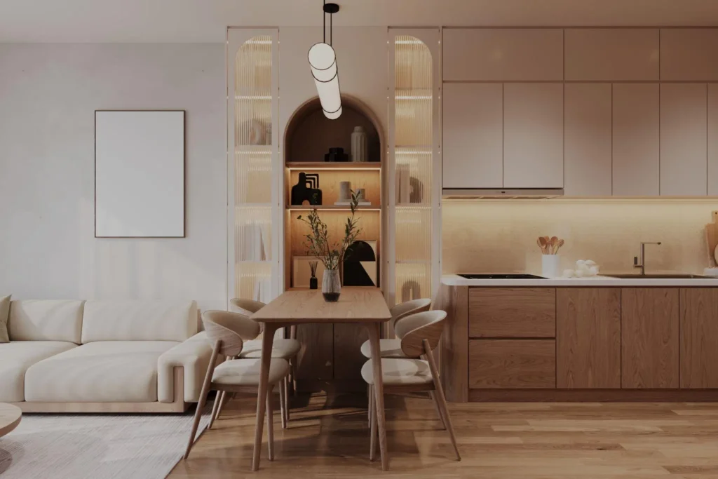 sungkai wood furniture set dining Sungkai wood furniture in a modern minimalist interior showing light natural wood tone and clean grain