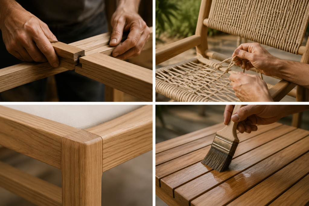 Indonesian Furniture Manufacturers: close-up of teak and rope minimalist outdoor furniture showing clean joints, rope weaving, smooth finishing, and craftsmanship
