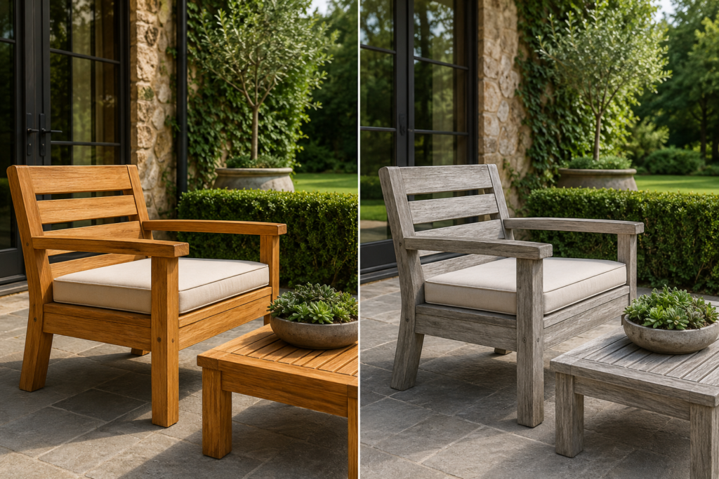natural aging process of teak outdoor furniture from golden brown to silver gray