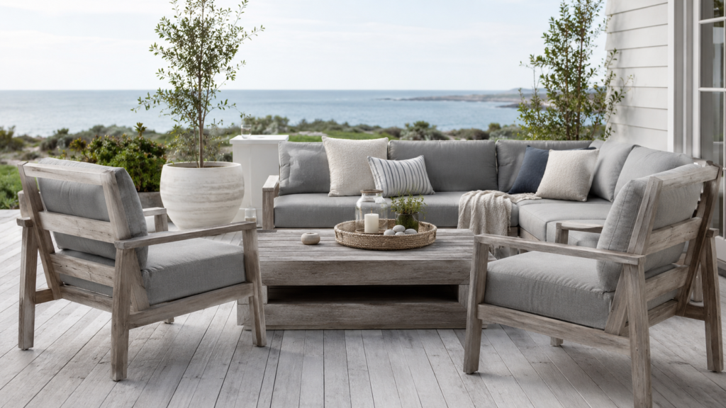 Weathered grey teak finish for relaxed outdoor furniture