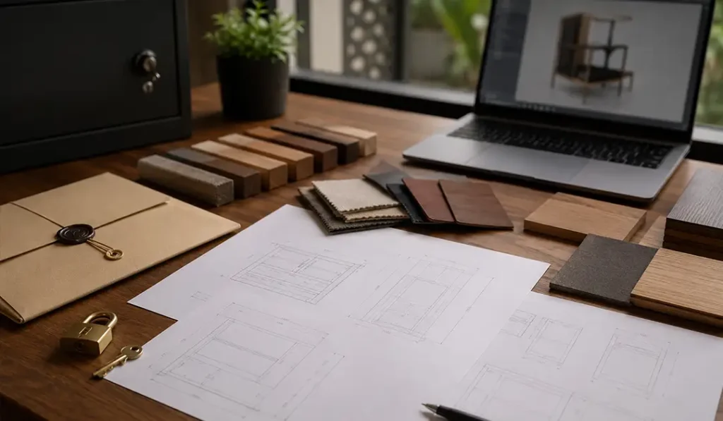 Architectural workspace with design details for outdoor furniture