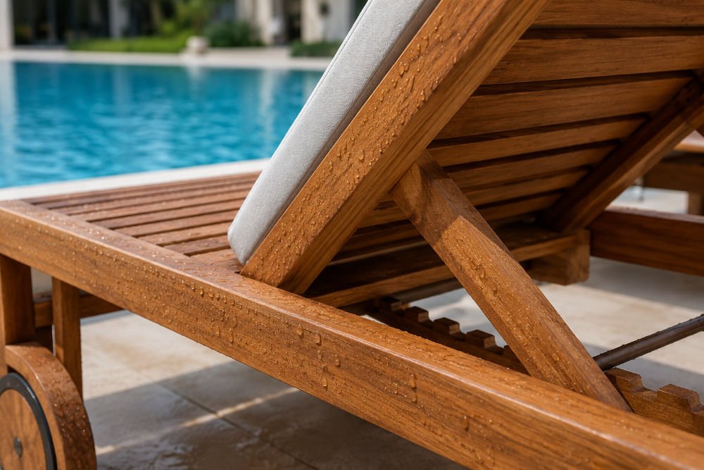 Close-up of teak poolside lounge chair with water droplets showing outdoor durability