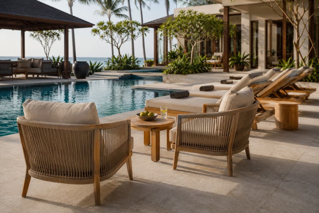 Comfortable poolside lounge setup with cushioned sun loungers, deep seating armchairs, warm wood frames, and neutral fabrics