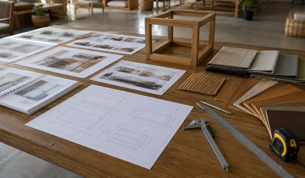 Design workshop with material samples in showroom