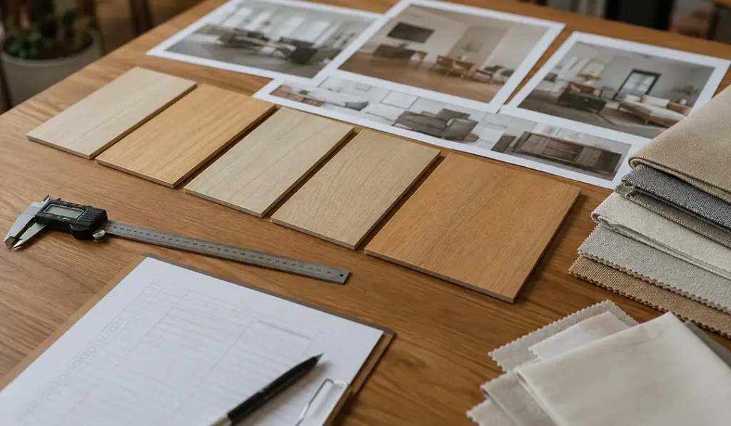 Sungkai wood furniture designed with wood and fabric swatches inside MPP Furniture Manufacturer