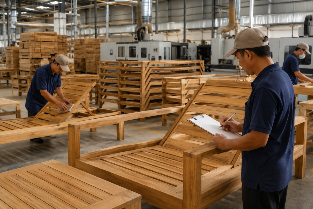 Furniture factory quality control process for teak outdoor furniture frames with woodworking machinery in the background